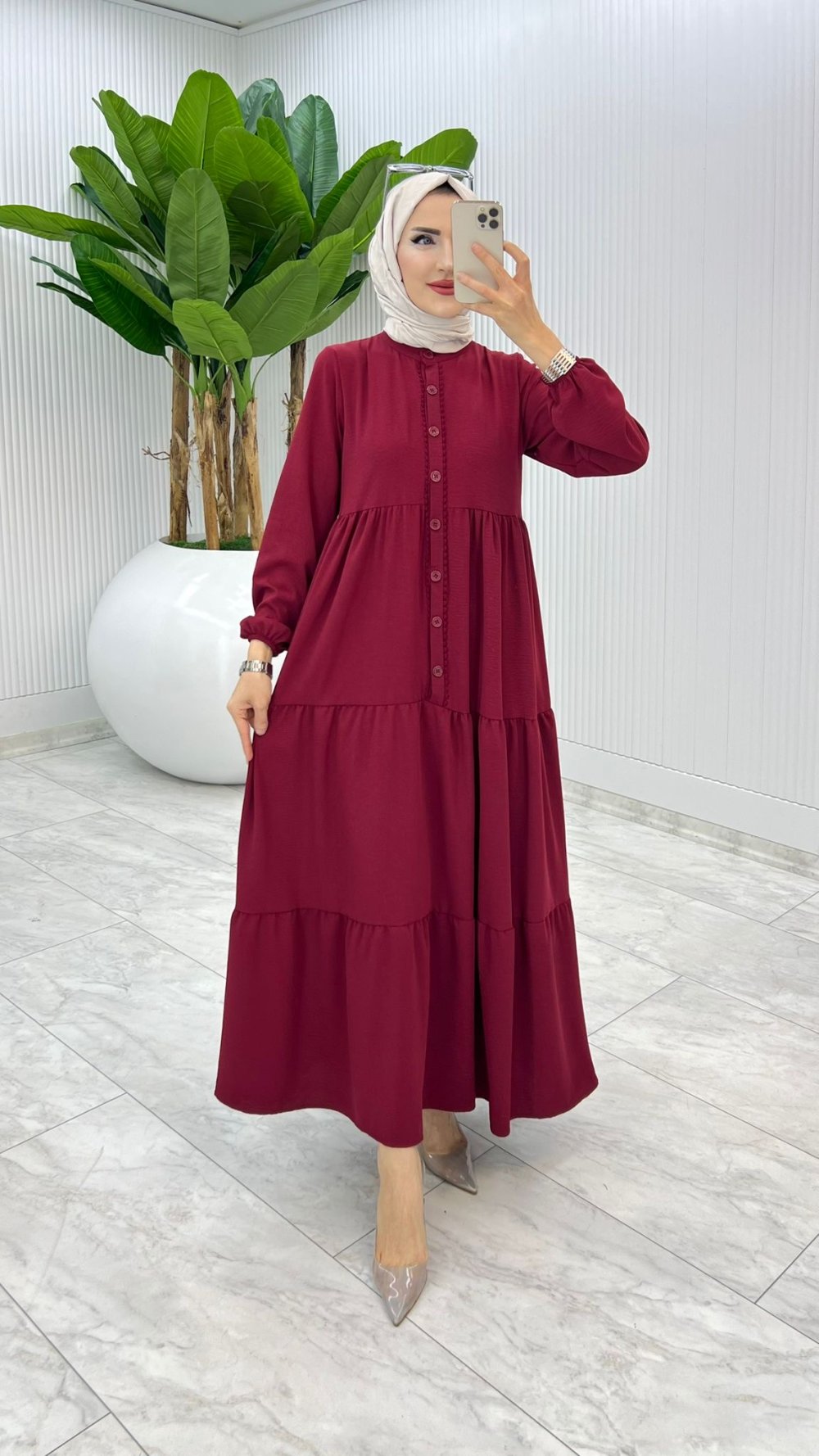 Bordo Dantelli Elbise Tesettür Giyim