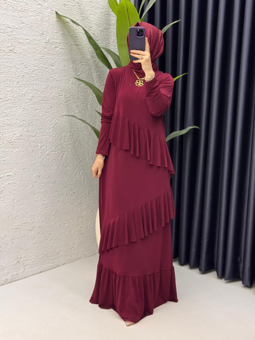 Bordo Duru Elbise Tesettür Giyim