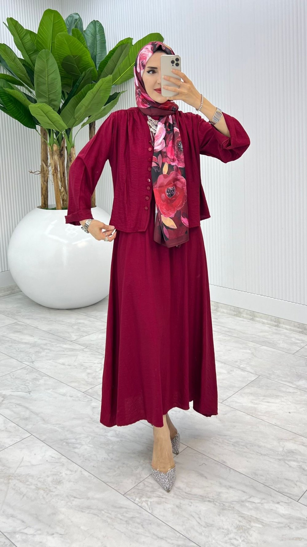 Bordo Halime Elbise Takım Tesettür Giyim