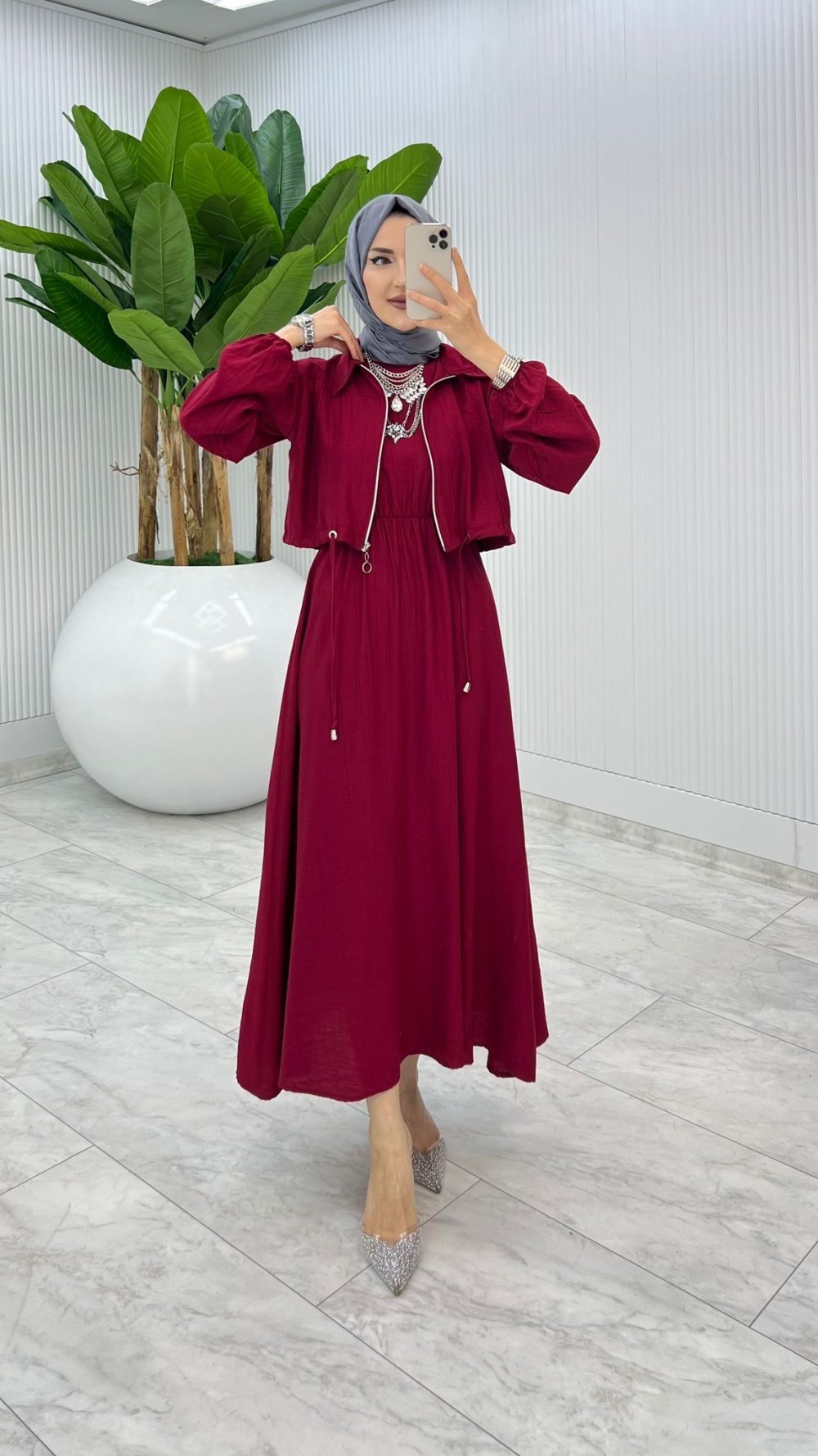 Bordo Jale Elbise Takım Tesettür Giyim