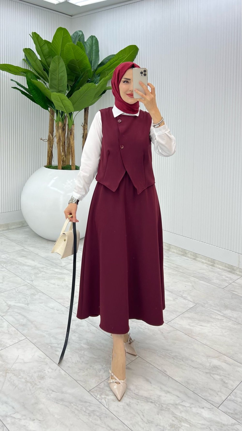 Bordo Kemerli Selvi Takım Tesettür Giyim