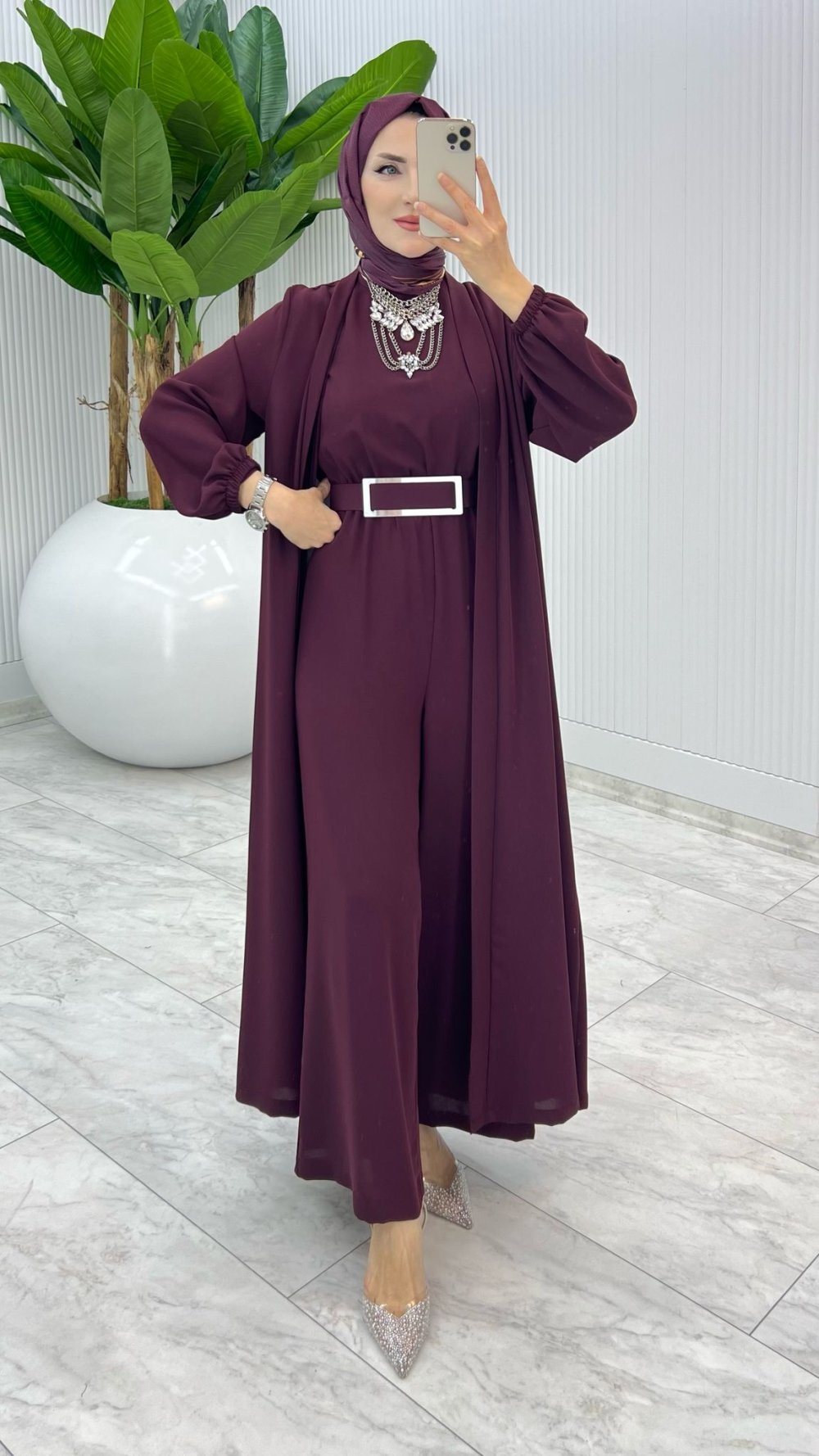 Bordo Premium Silva Tulumlu Abaya Takım Tesettür Giyim