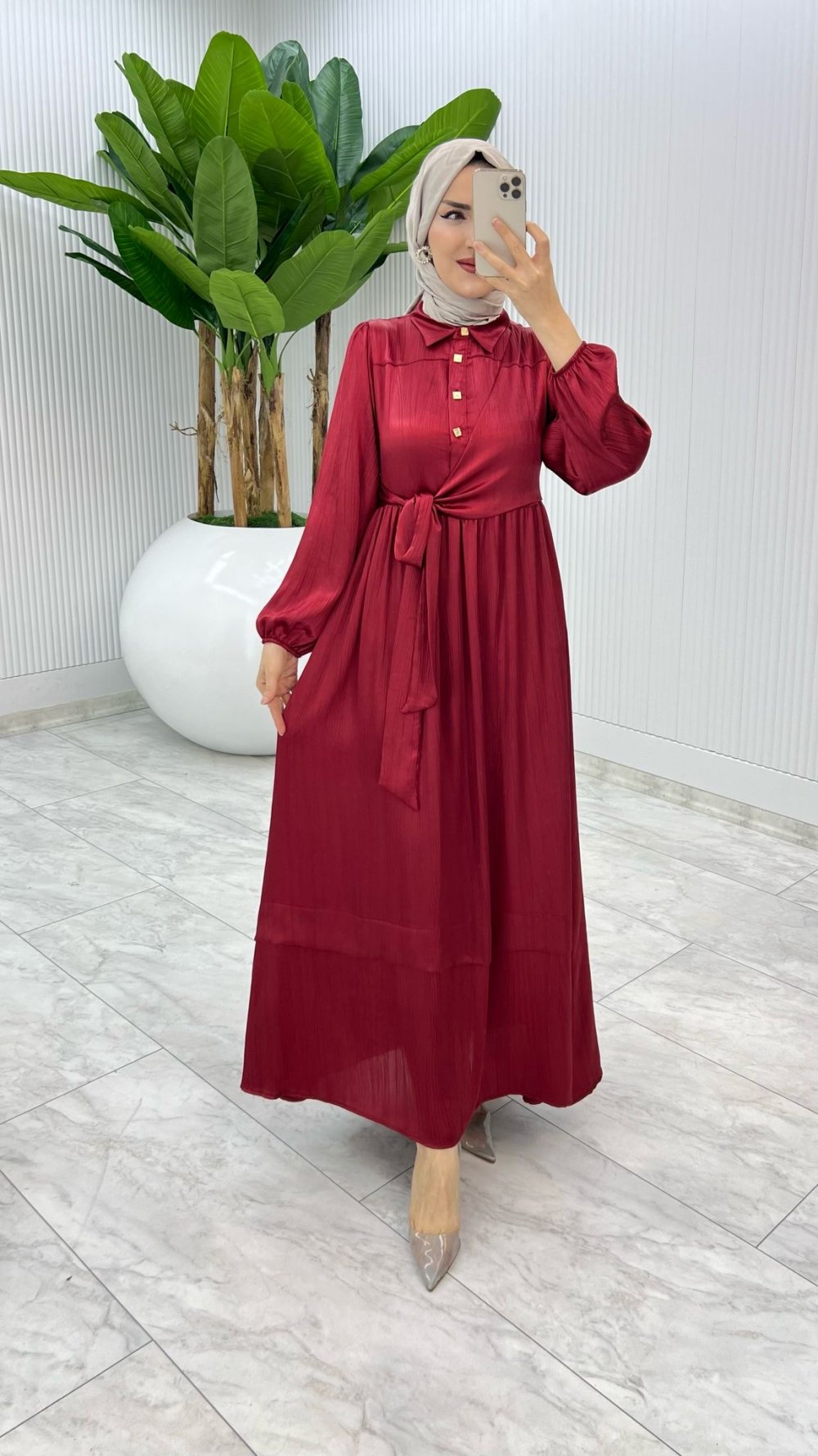 Bordo Premium Lotus Elbise Tesettür Giyim