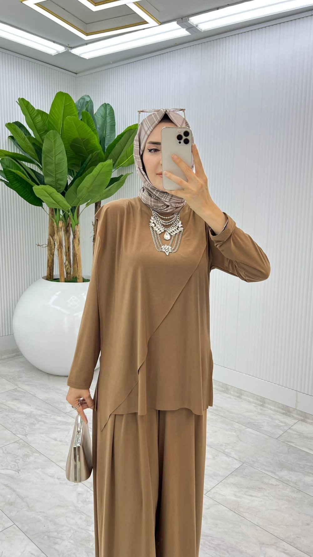 Camel Asimetrik Takım Tesettür Giyim