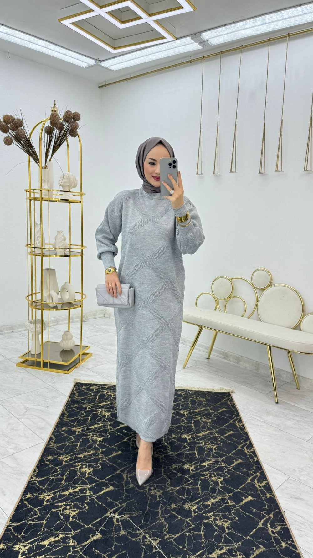 Gri Baklava Triko Elbise Tesettür Giyim