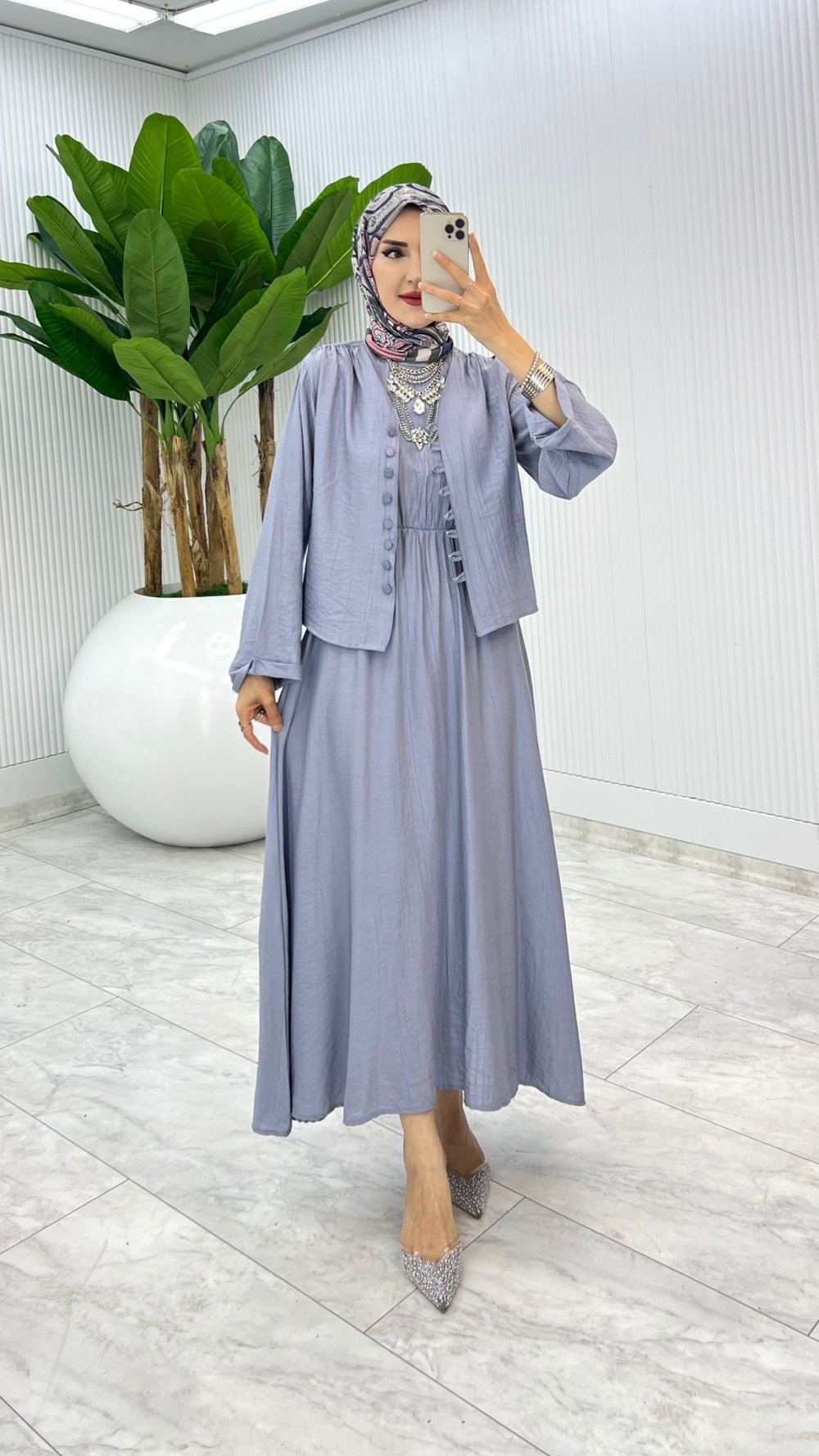 Gri Halime Elbise Takım Tesettür Giyim