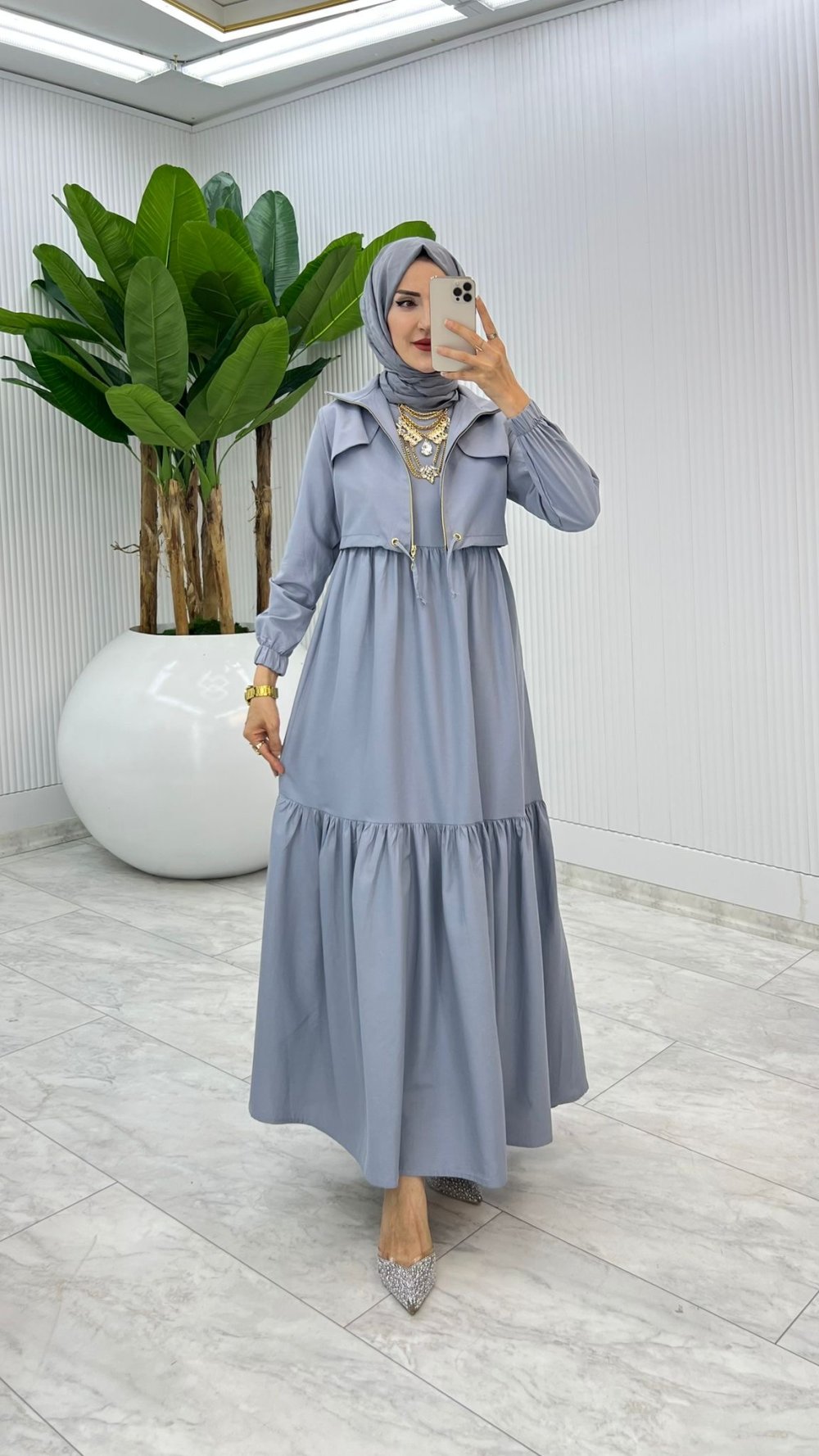 Gri Hicran Elbise Takım Tesettür Elbise
