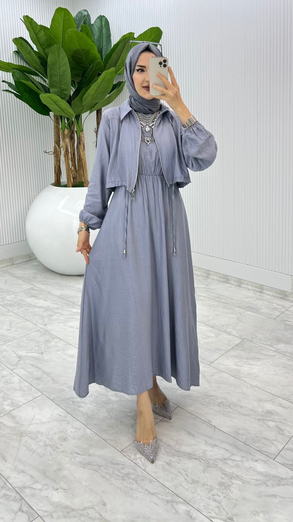 Gri Jale Elbise Takım Tesettür Giyim