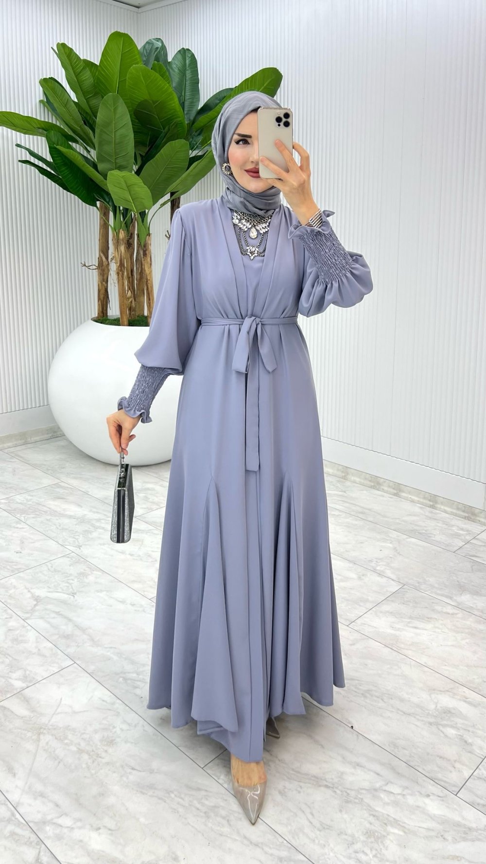 Gri Özel Tasarım Zümra Baya Takım Tesettür Giyim