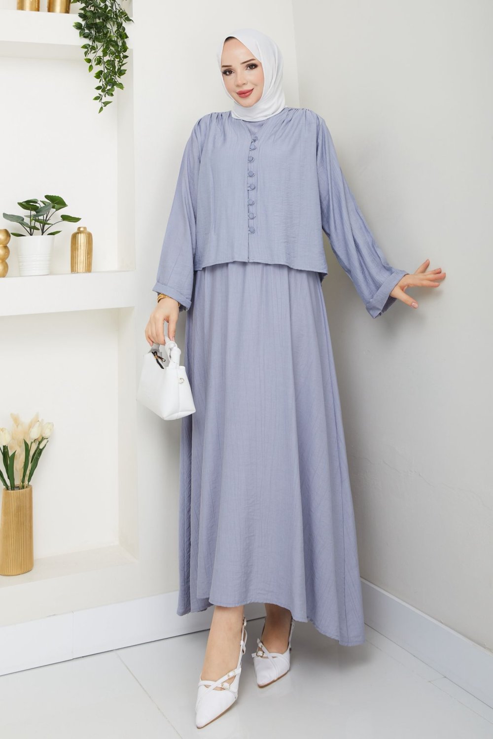Gri Modadüğme Elbise Takım Tesettür Giyim
