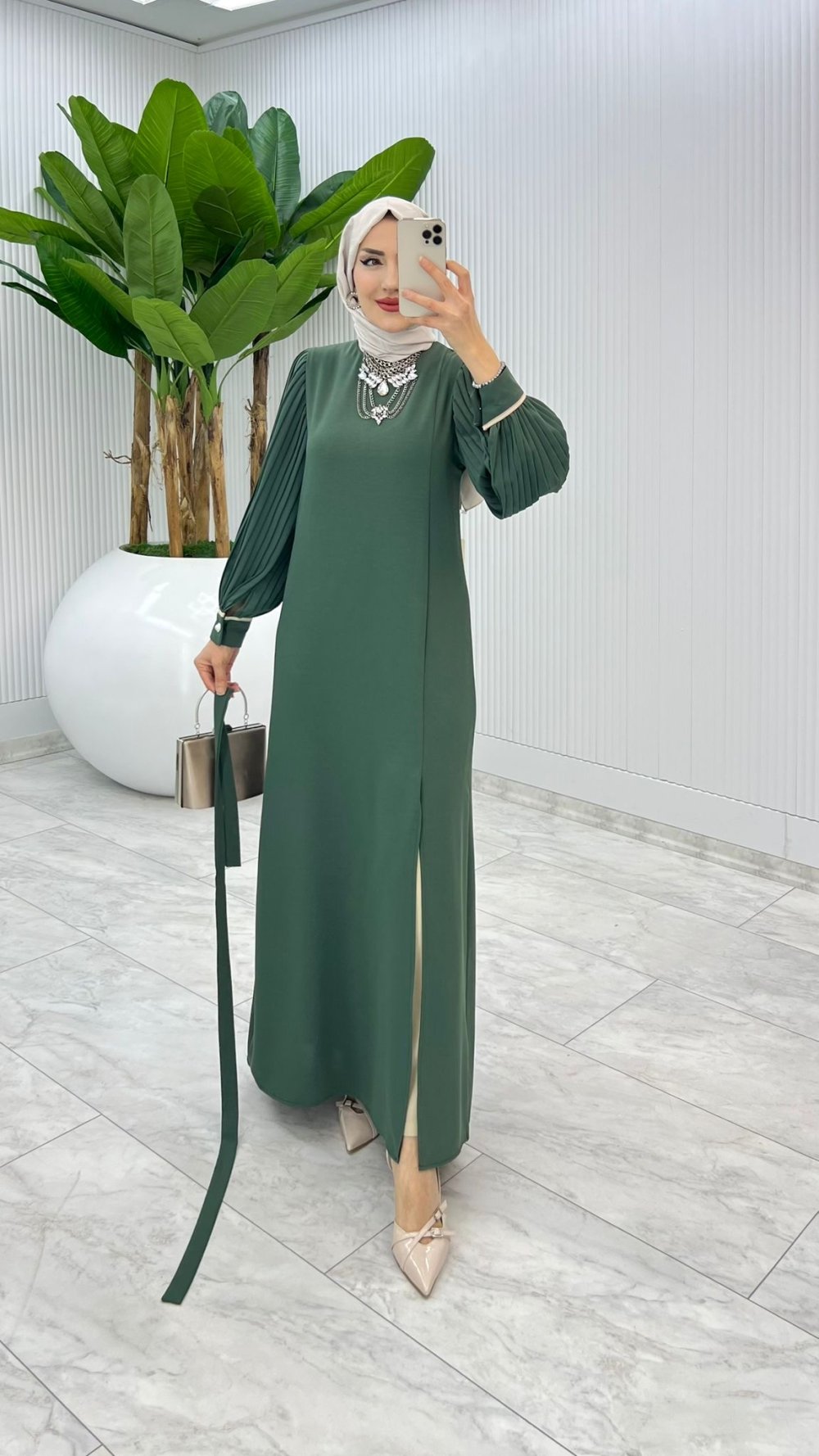 Haki Adria Elbise Takım Tesettür Giyim