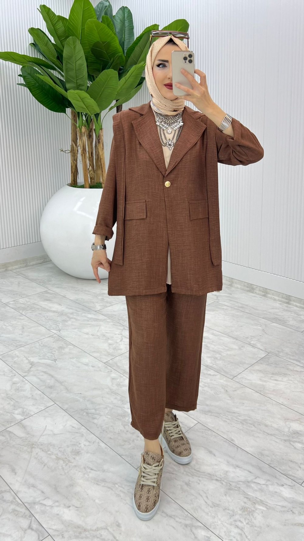 Kahve Tek Düğme Ceket Takım Tesettür Giyim