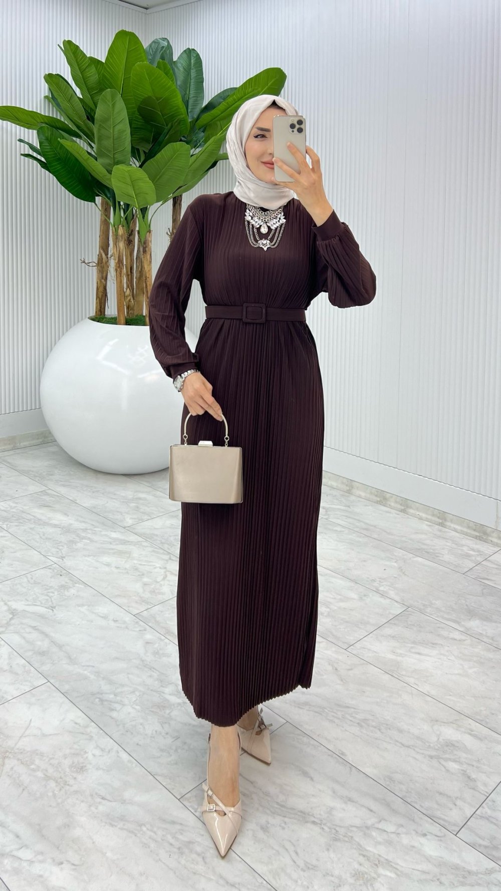 Kahve Yıldız Elbise Tesettür Giyim