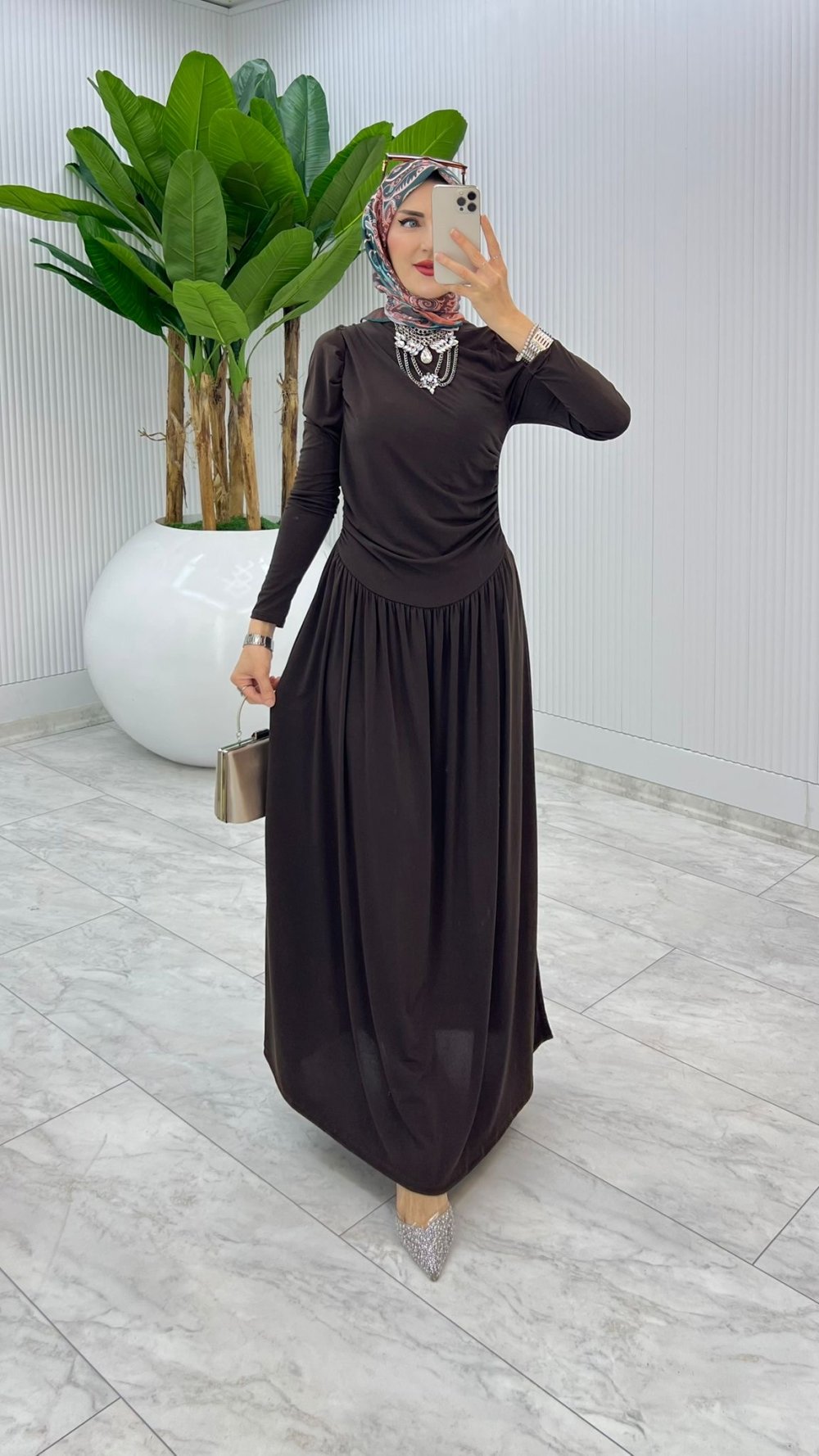 Kahve Büzgü Sendi Elbise Tesettür Giyim
