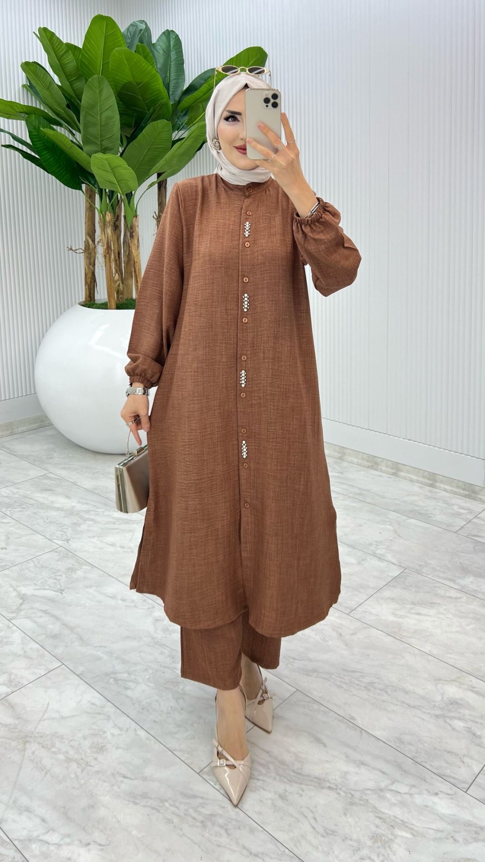 Kahve İpek Takım Tesettür Giyim