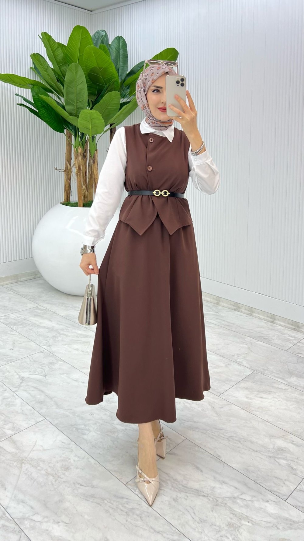 Kahve Kemerli Selvi Takım Tesettür Giyim