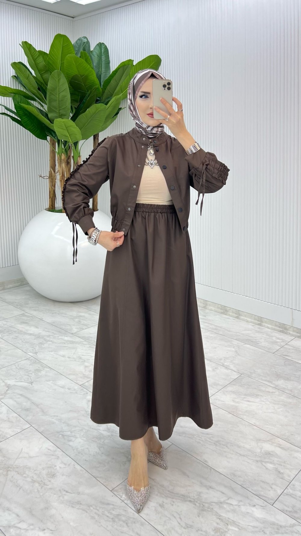 Kahve Premium İclal Etek Takım Tesettür Giyim