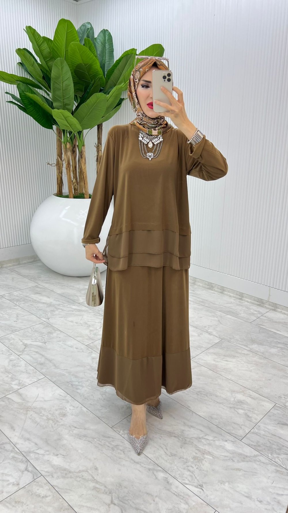 Kahve Premium Aksu Etek Takım Tesettür Giyim