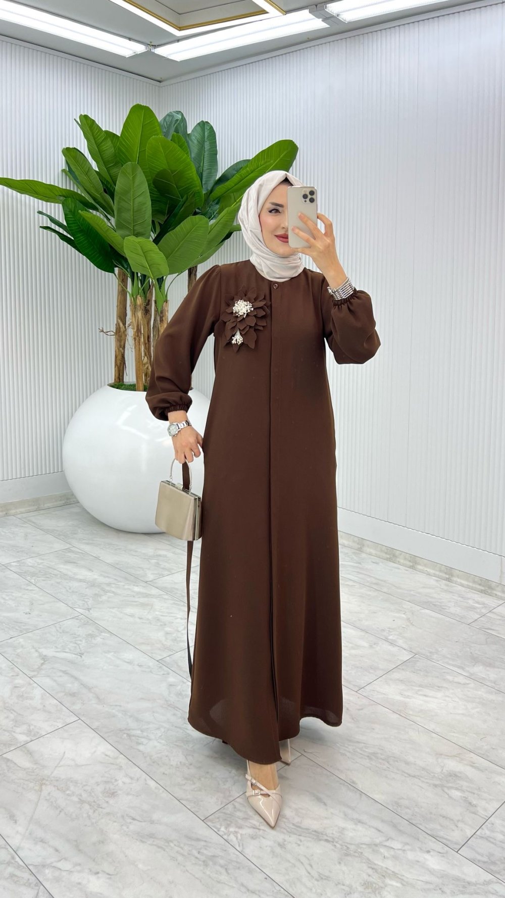 Kahve Premium Yasemin Ferace Tesettür Giyim