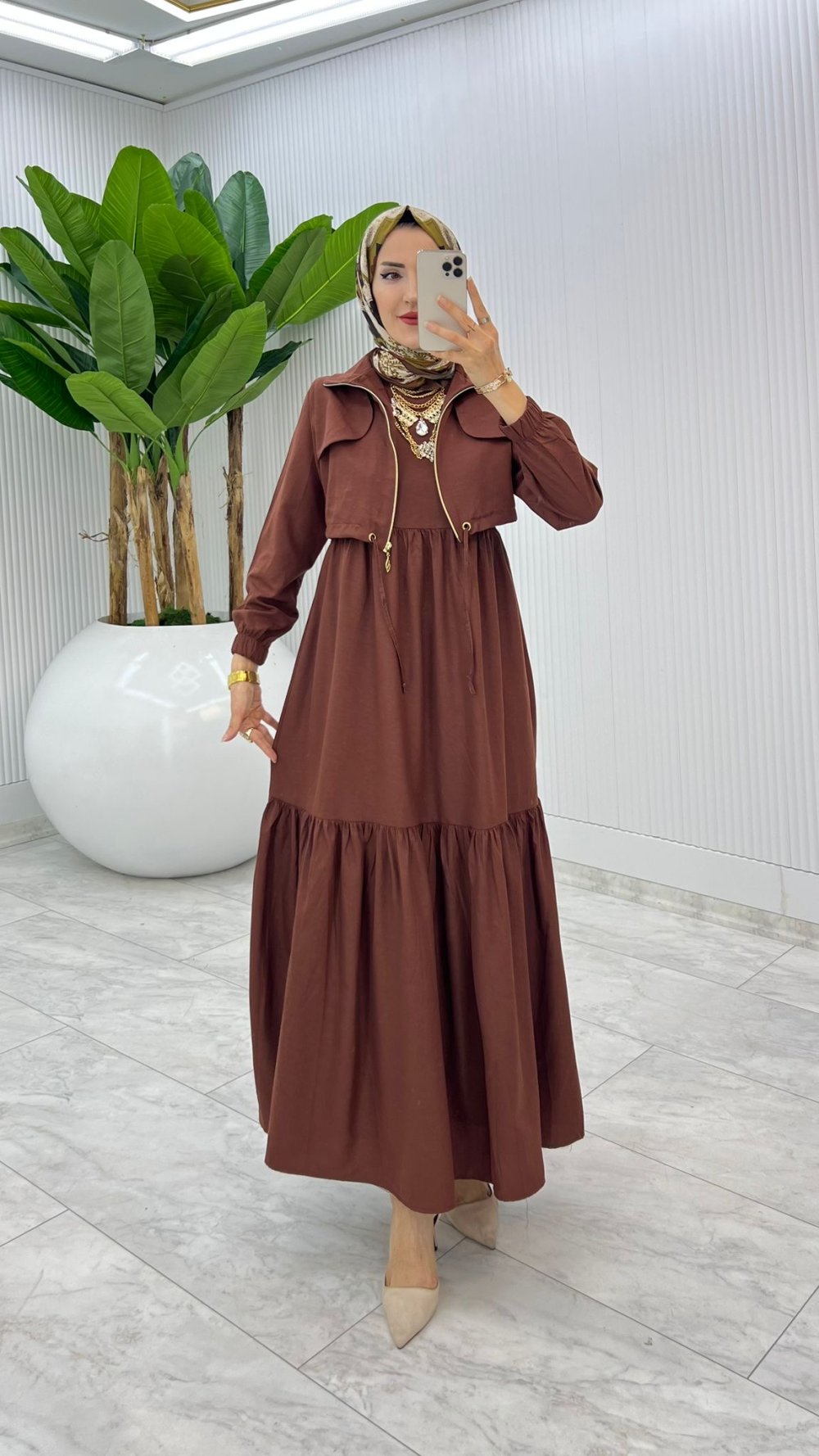 Kahverengi Hicran Elbise Takım Tesettür Elbise