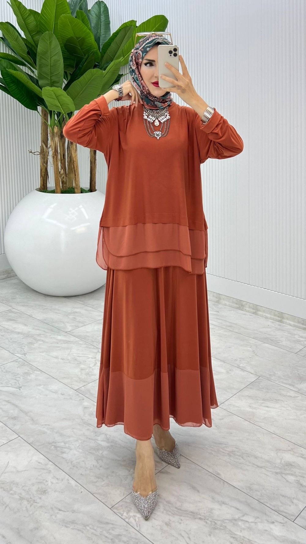 Kiremit Premium Aksu Etek Takım Tesettür Giyim