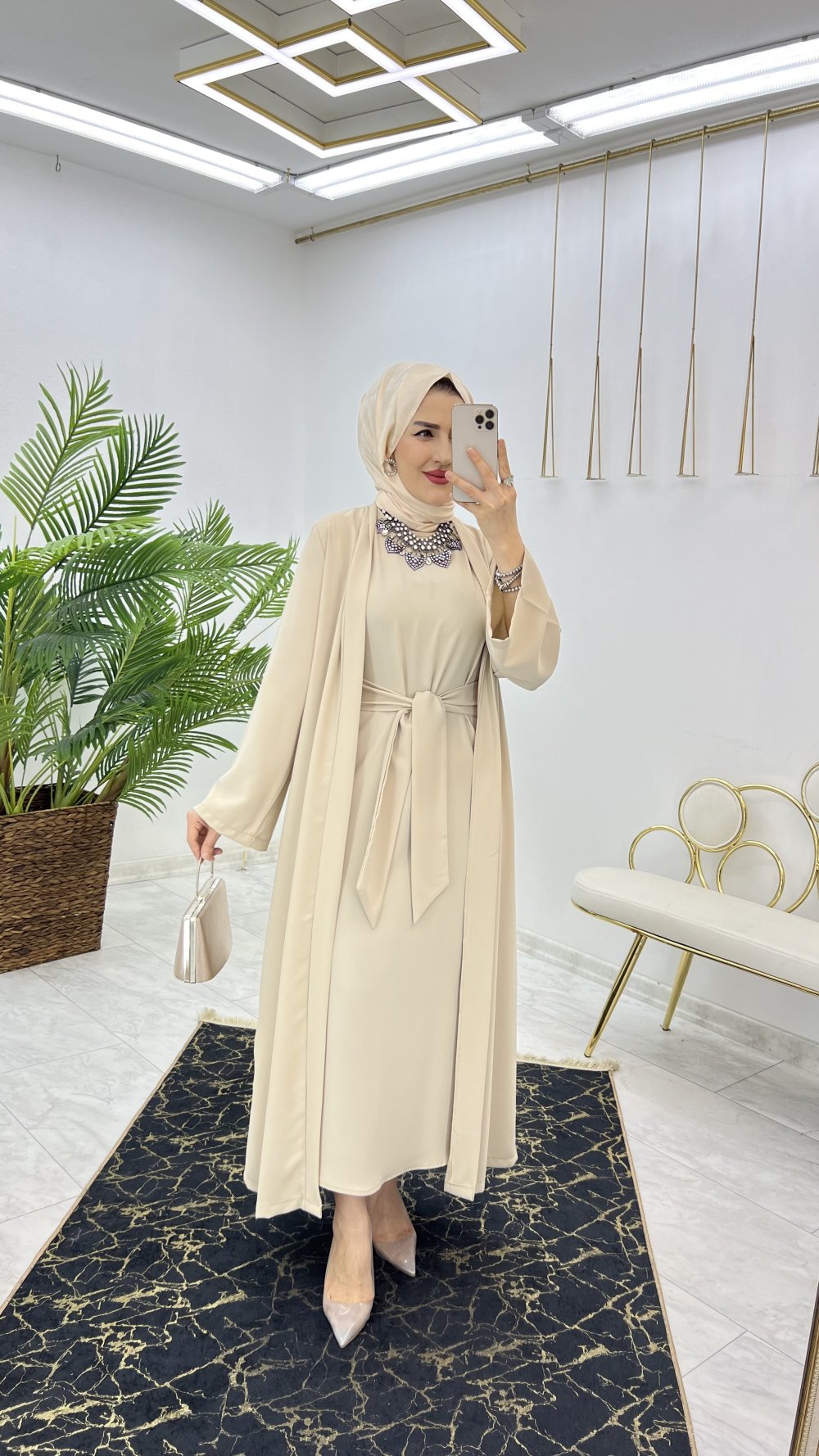 Krem Neva Abaya Takım Tesettür Giyim