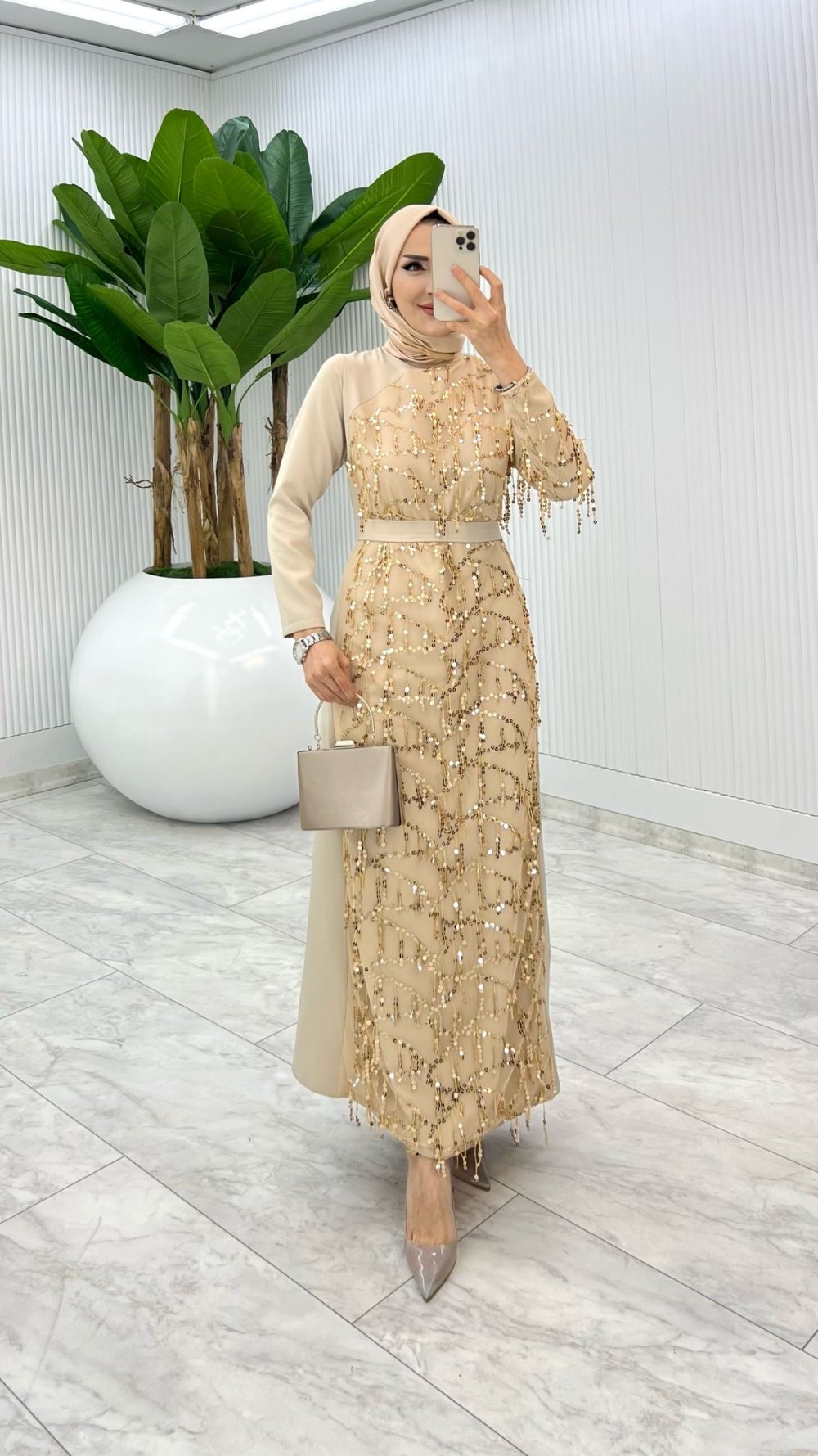 Krem Bihter Tasarım Elbise  Tesettür Giyim