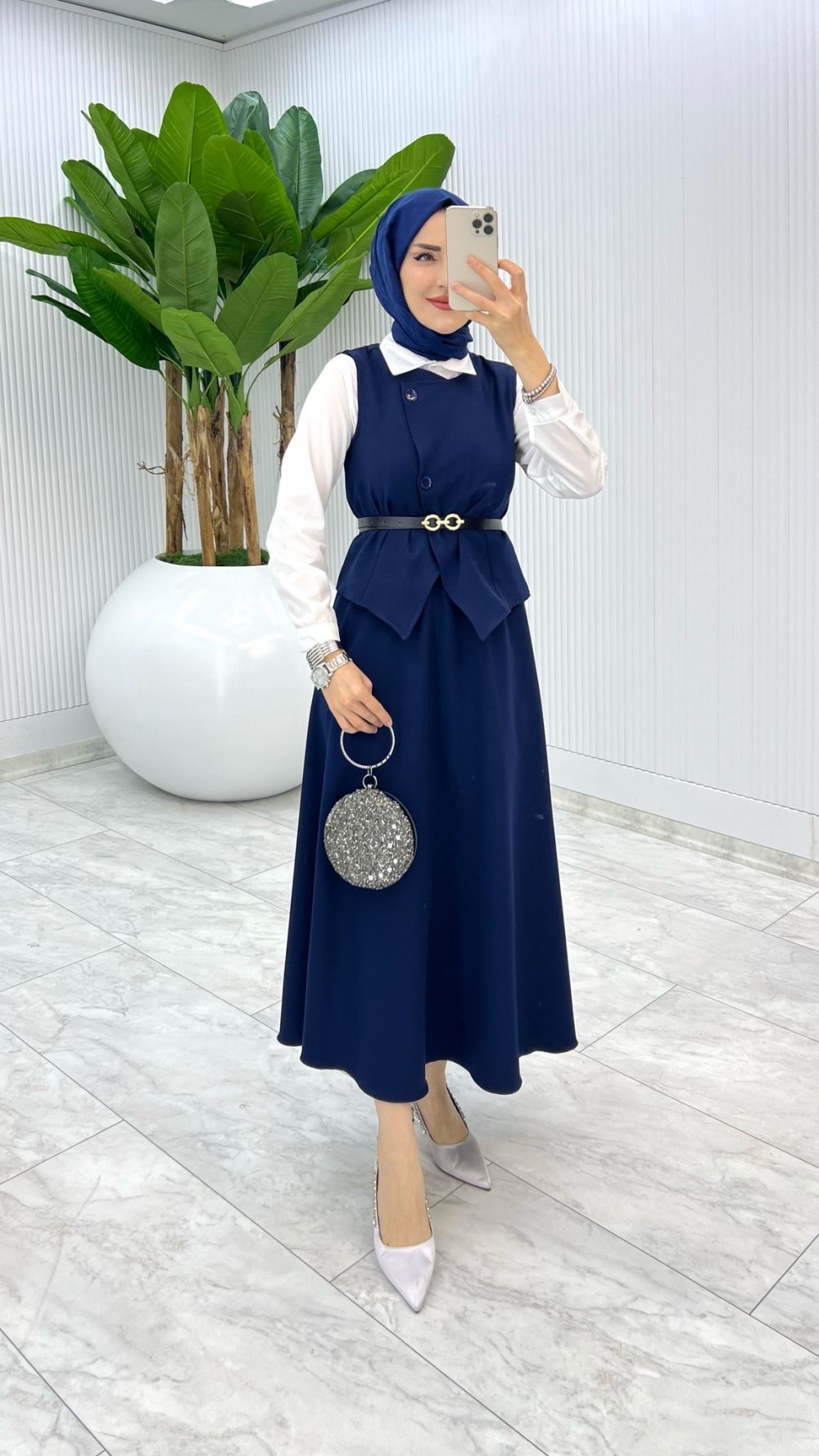 Lacivert Kemerli Selvi Takım Tesettür Giyim
