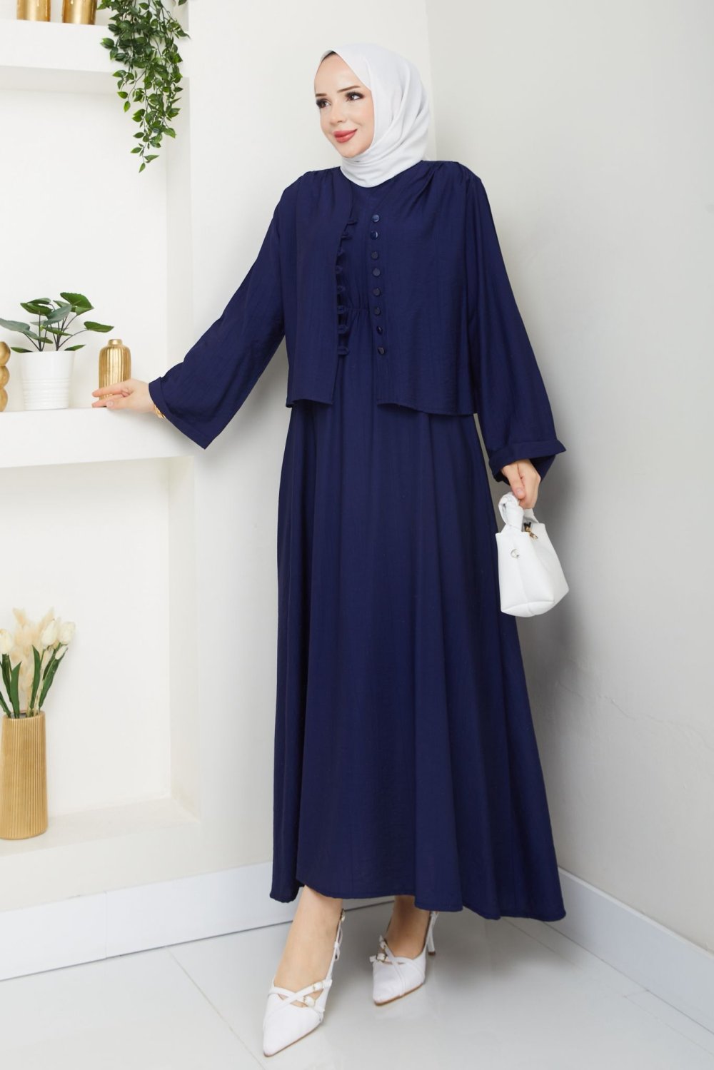Lacivert Modadüğme Elbise Takım Tesettür Giyim