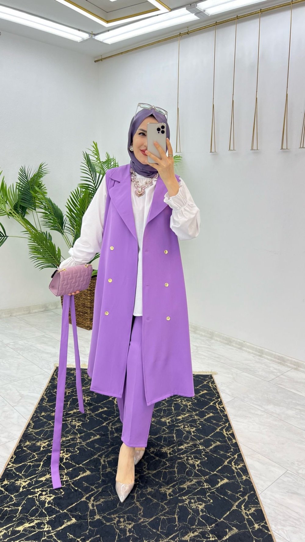 Lila Nur Yelekli Takım Tesettür Giyim