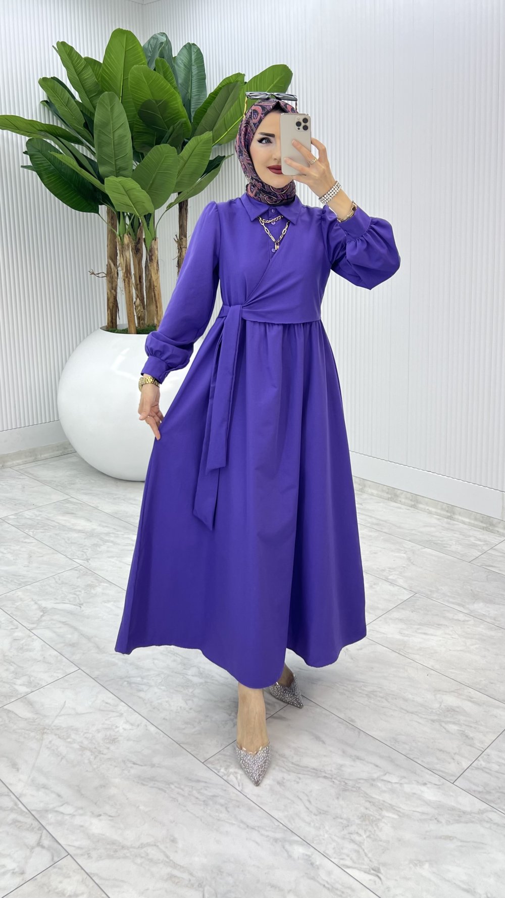 Mor Bağlamalı Elbise Tesettür Giyim