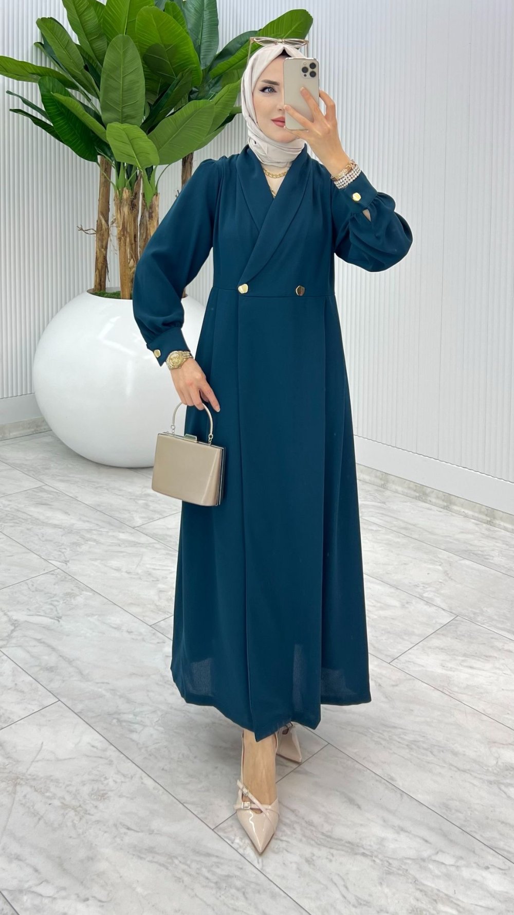 Petrol Premium Lal Ferace Elbise Tesettür Giyim