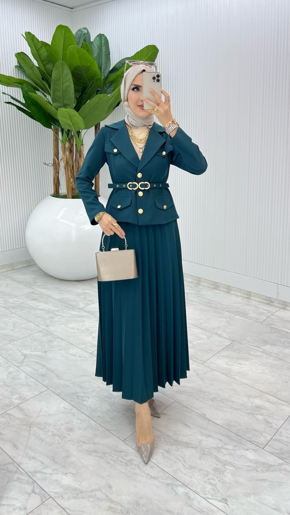 Petrol Premıum Hülya Etek Takım Tesettür Giyim