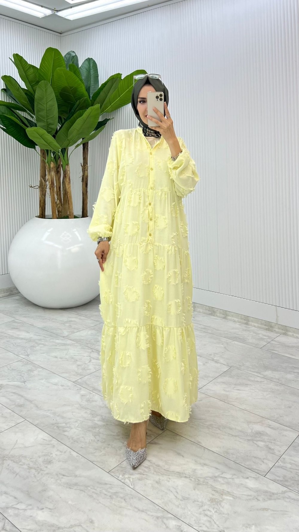 Sarı Saçaklı Elbise Tesettür Giyim