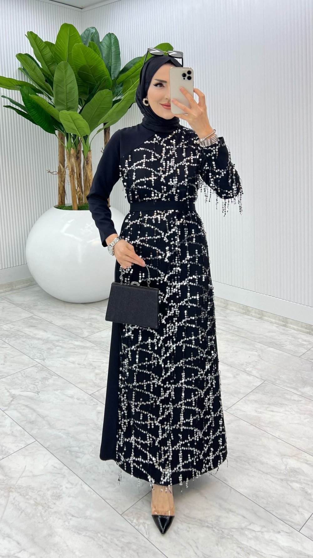 Siyah Bihter Tasarım Elbise  Tesettür Giyim