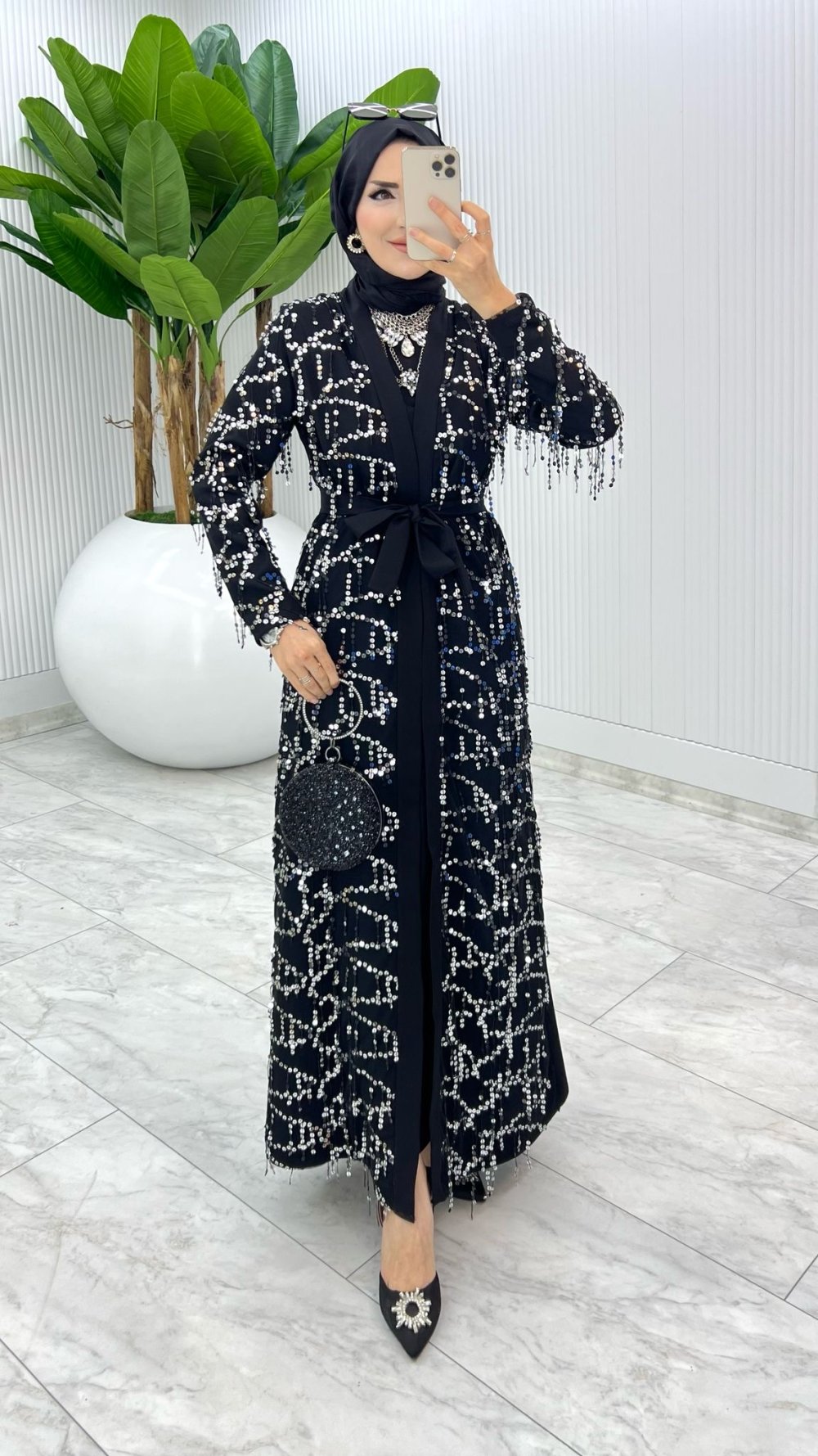 Siyah Karen Tasarım Abaya Takım Tesettür Giyim