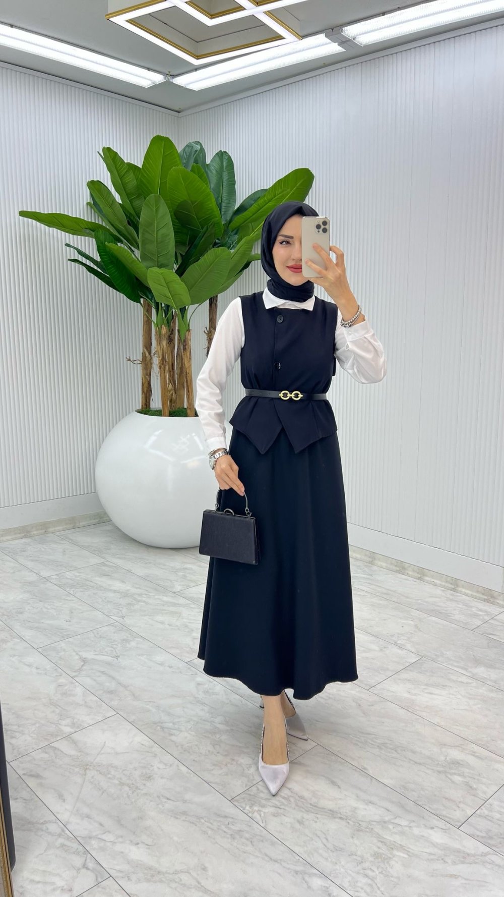 Siyah Kemerli Selvi Takım Tesettür Giyim