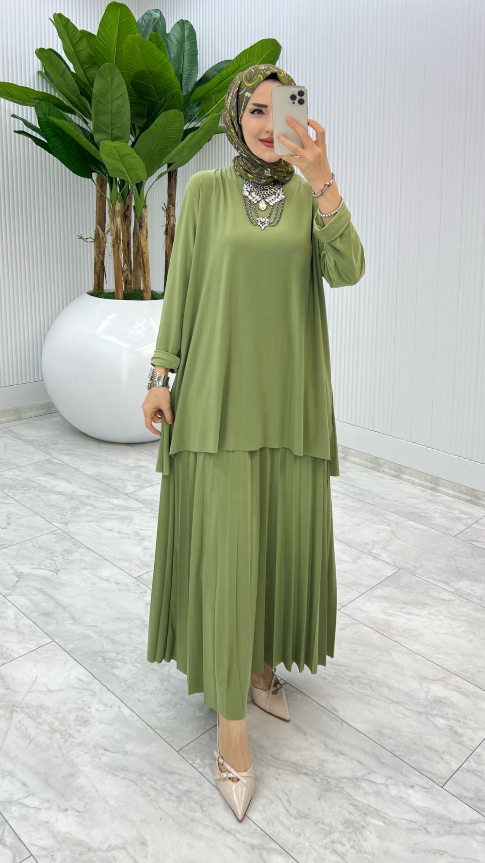Soft Yeşil Şermin Etek Takım Tesettür Giyim