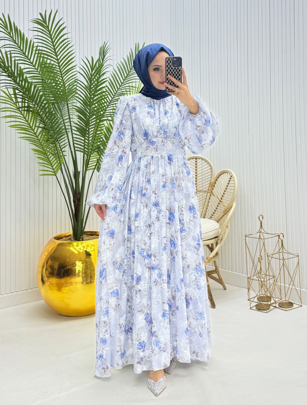 Yaprak Tesettür Elbise Mavi Mavi