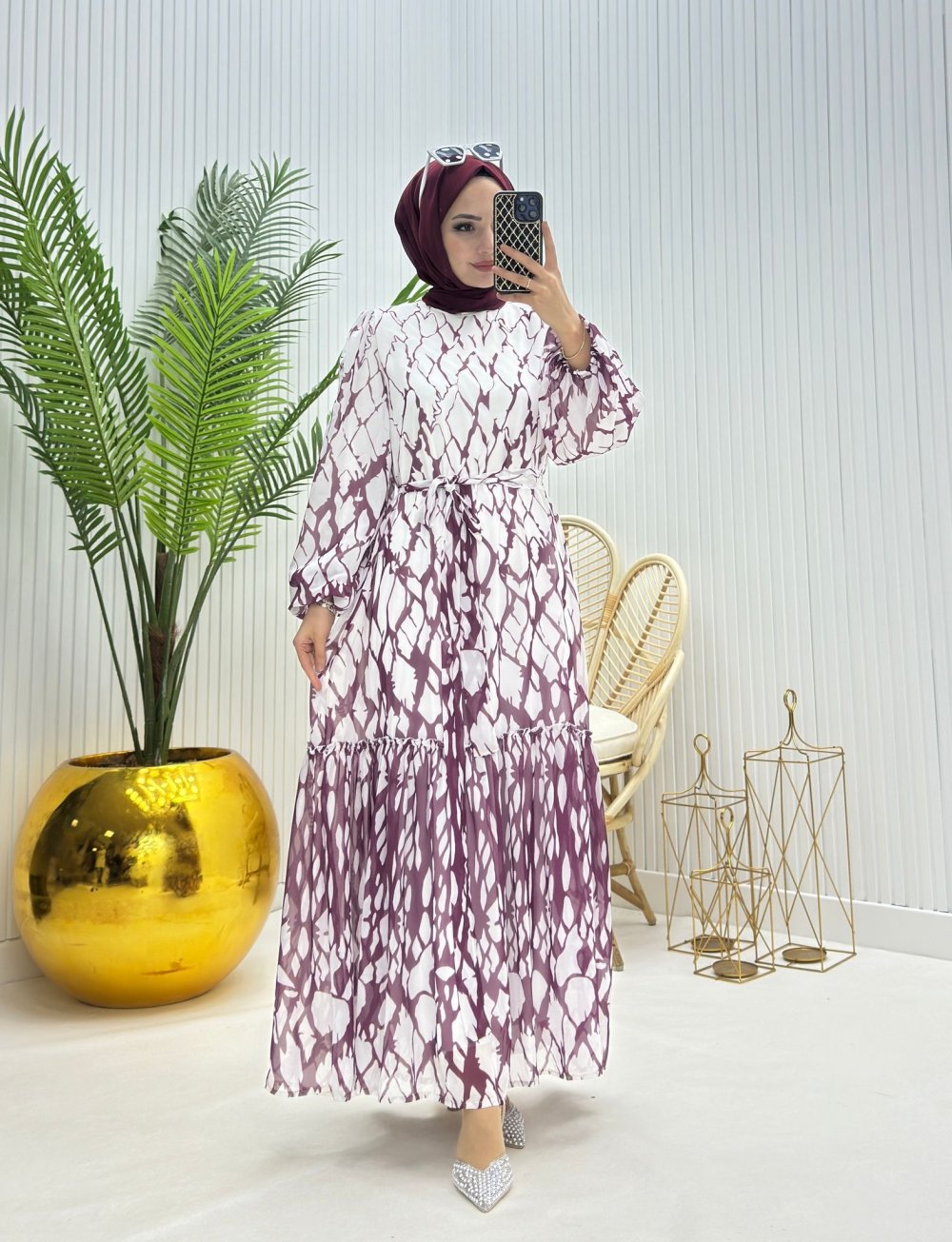 Bahar Teserttür Elbise Bordo Bordo