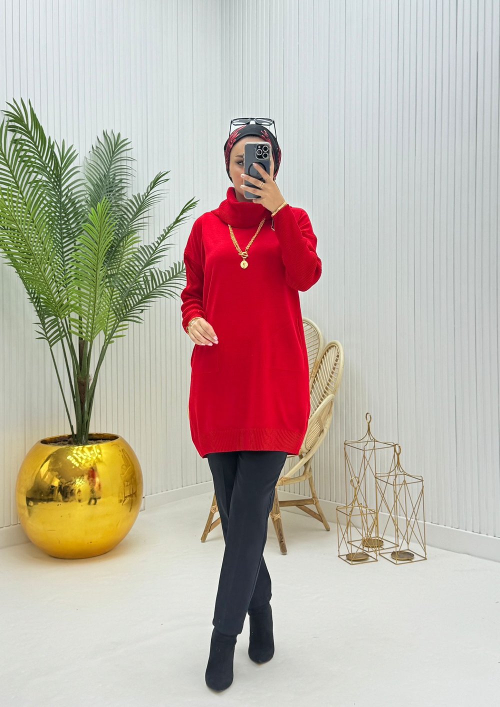 Ceylin Tesettür Triko Tunik  Kırmızı