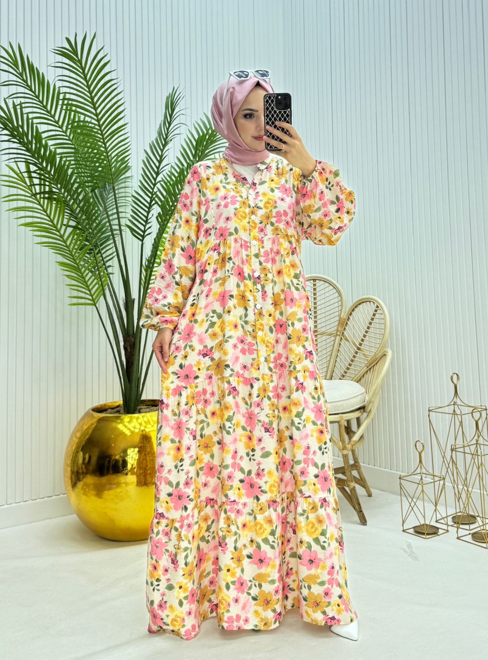 Çiçekli Tesettür Elbise Pembe Pembe