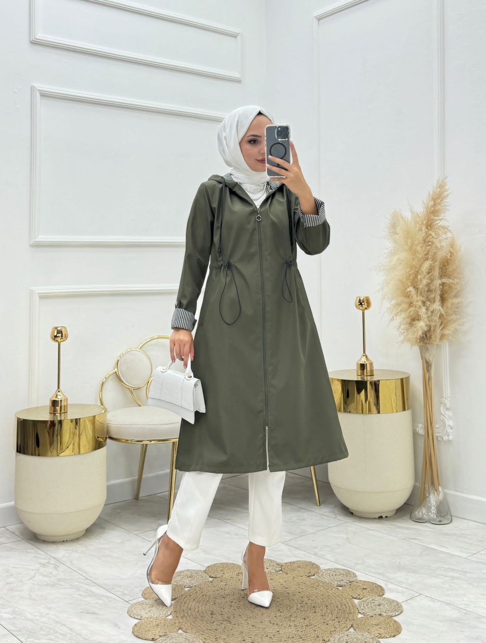 Dünya Çizgili Trenç Haki Yeşili  Haki