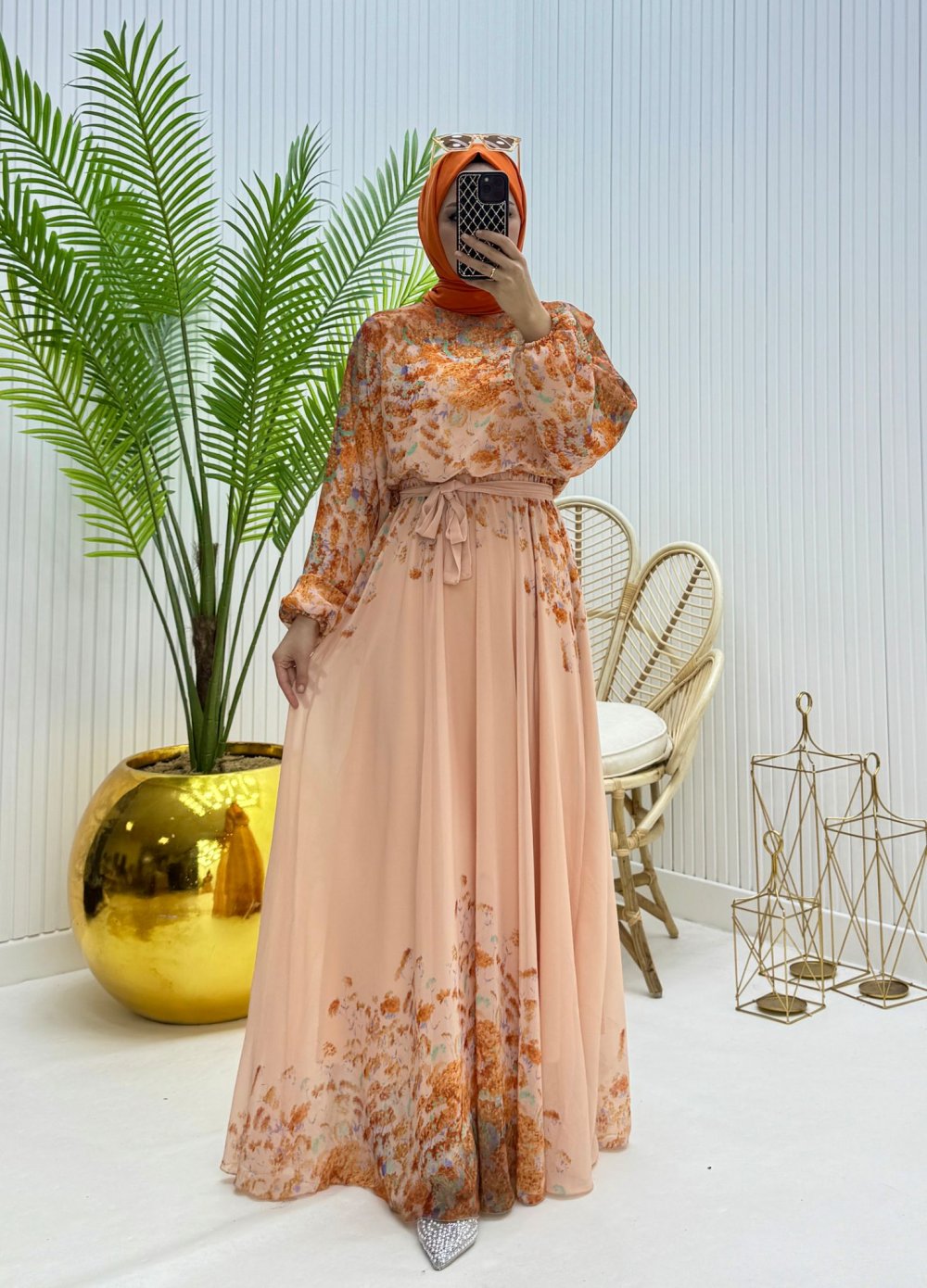 Henna Tesettür Elbise Turuncu Turuncu