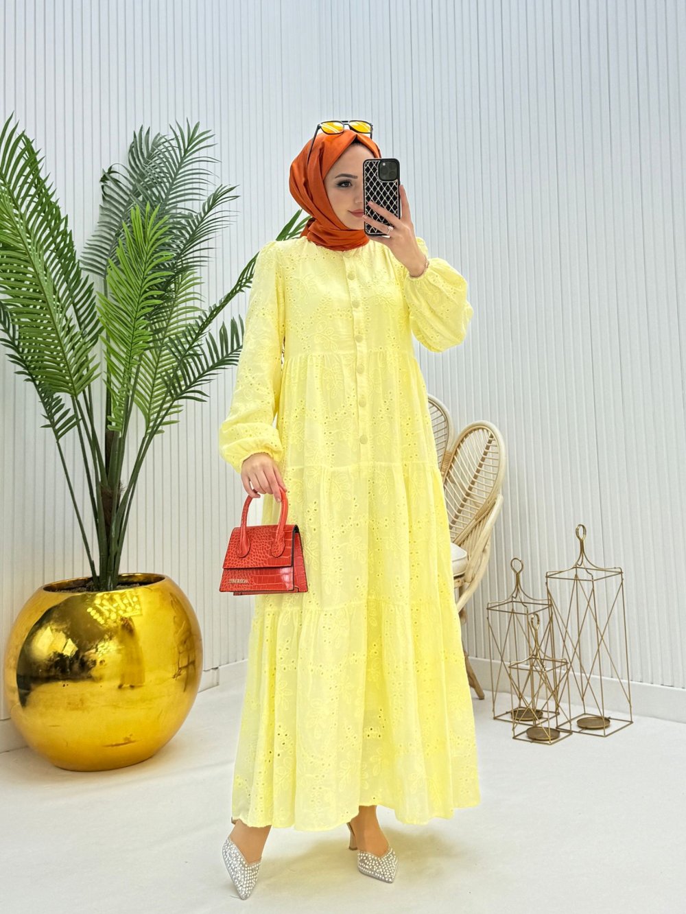 Helen Tesettür Elbise Sarı Sarı