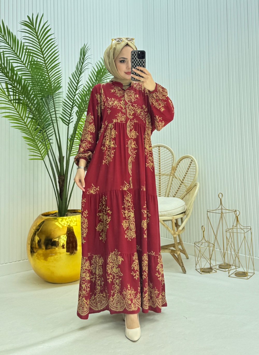 Hilal Tesettür Elbise Bordo Bordo