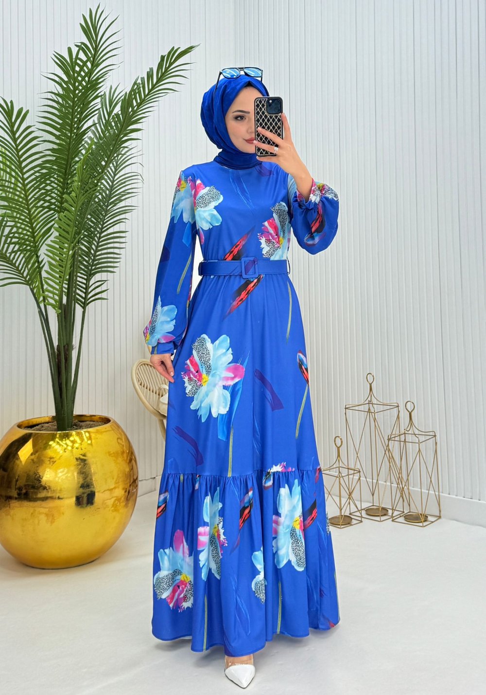 Hüma Tesettür Elbise Saks Mavisi Saks Mavisi