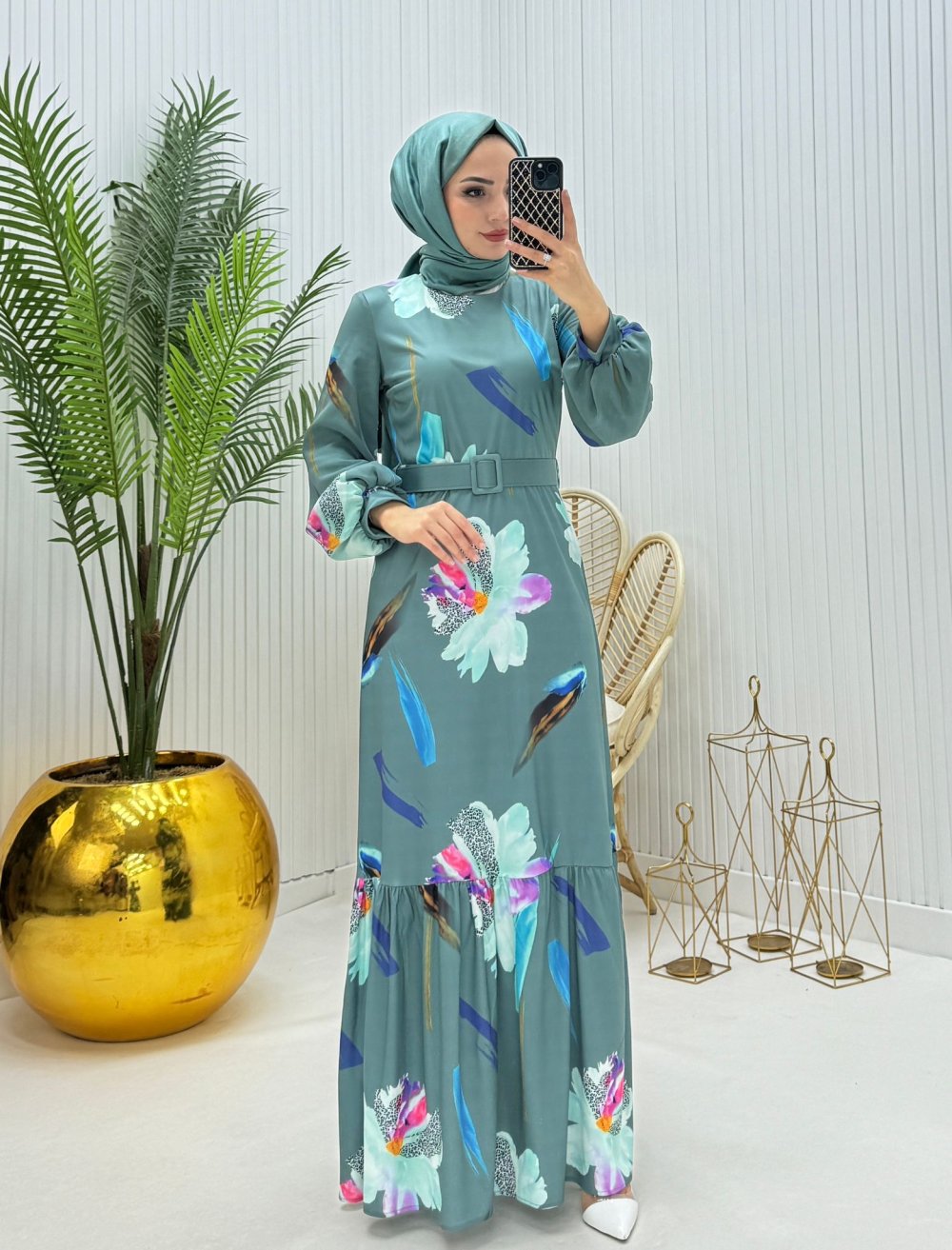 Hüma Tesettür Elbise Mint Yeşili  Mint Yeşili