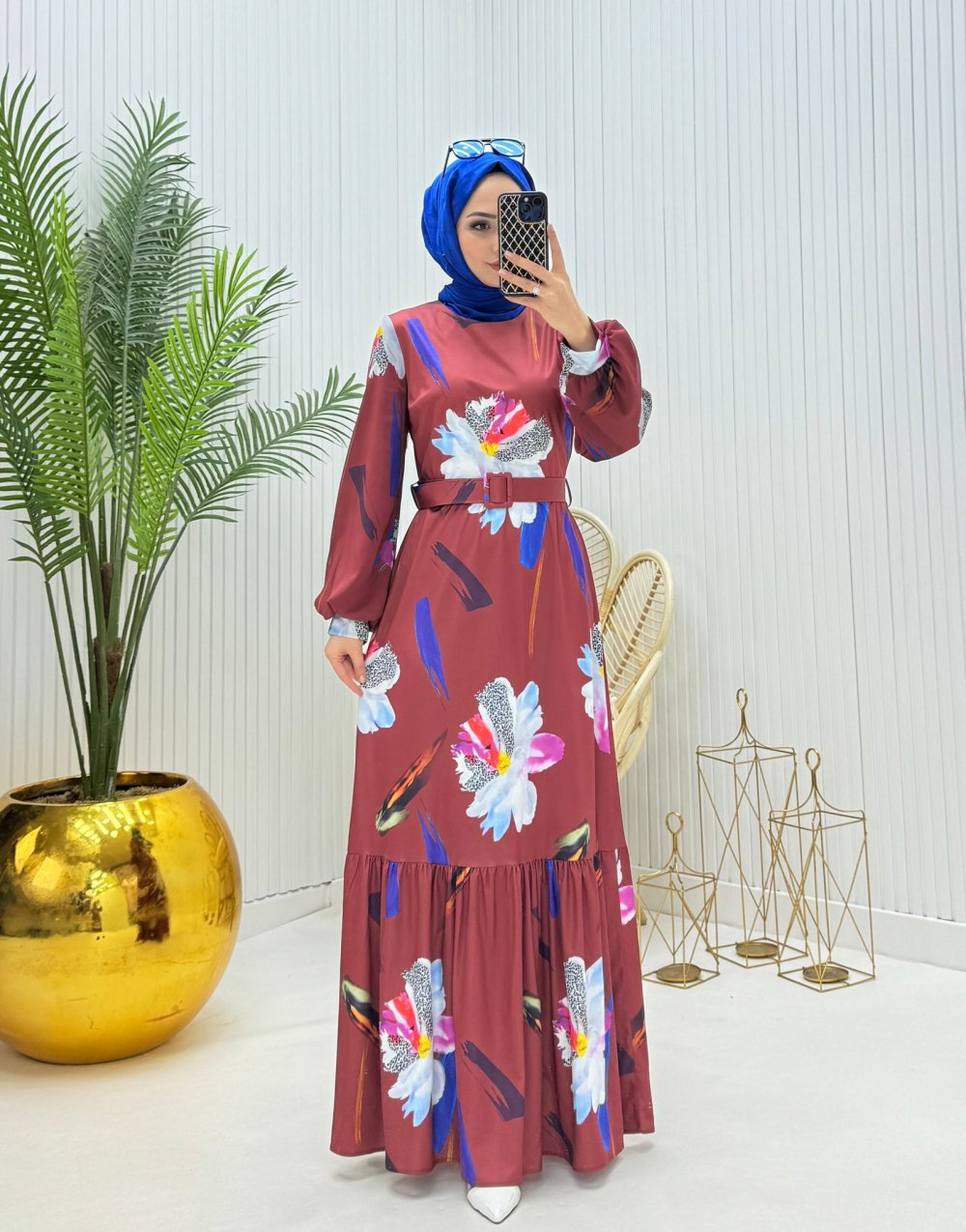 Hüma Tesettür Elbise Kiremit  Kiremit