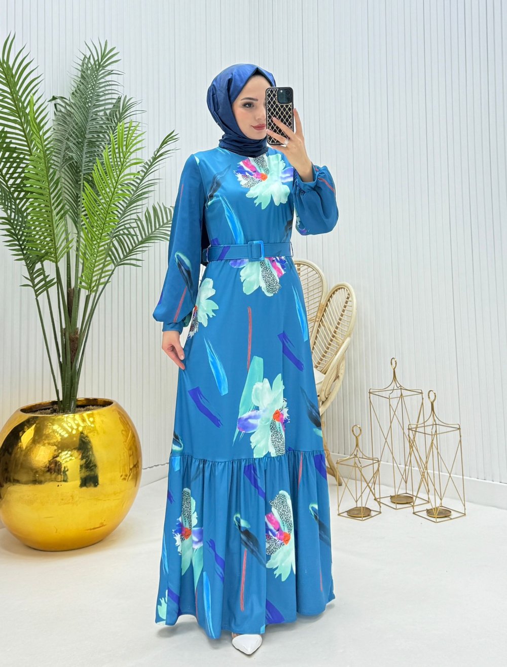 Hüma Tesettür Elbise İndigo  İndigo